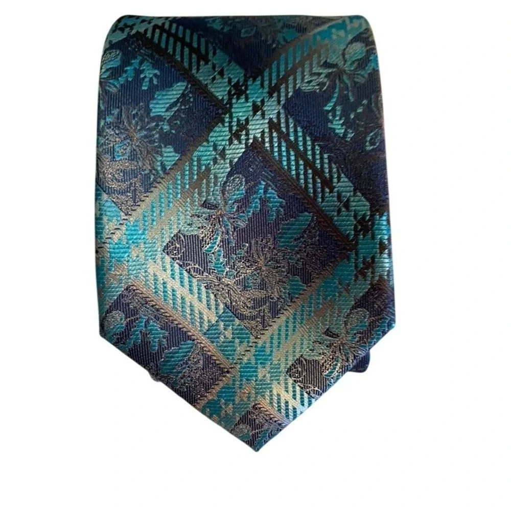 Stacy Adams Men Tie Blue Teal Geometric Plaid Floral Jacquard Silk Blend Necktie